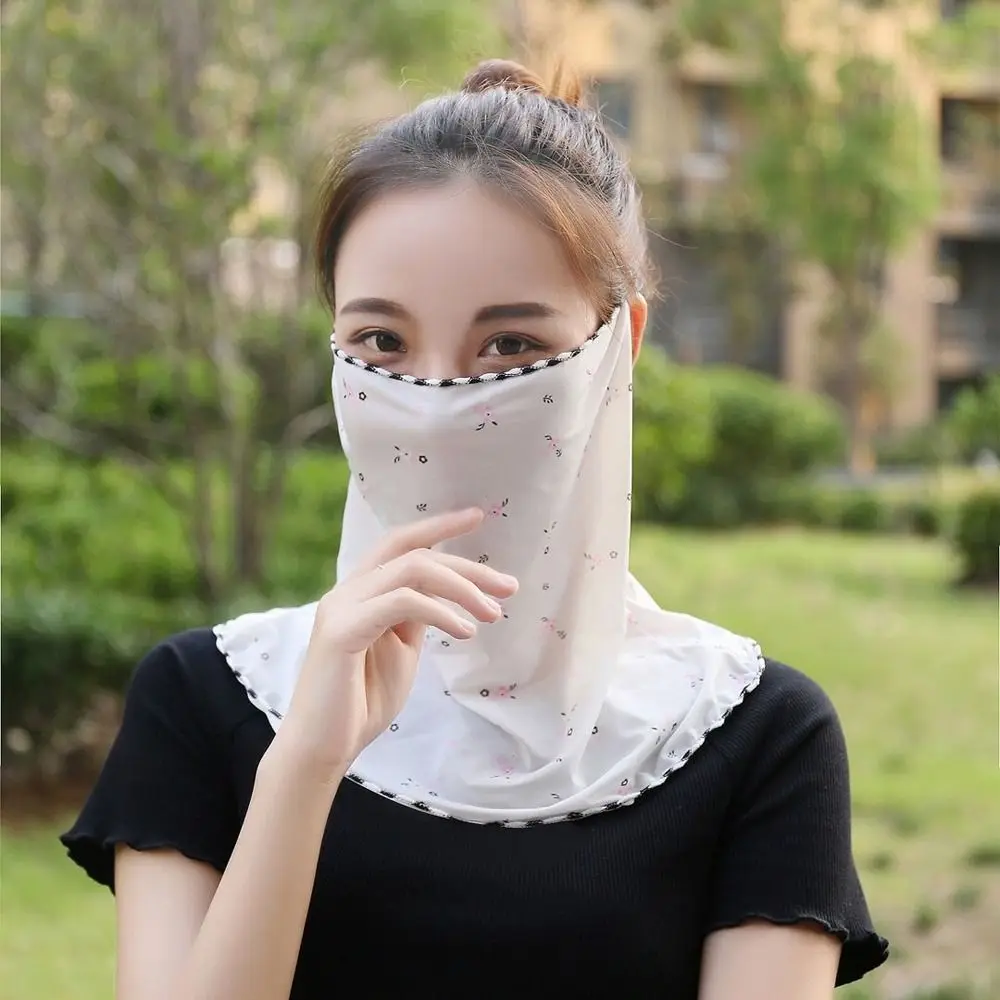 Summer Sunscreen Floral Ice Silk Mask Veil With Neck Flap Adjustable Outdoor UV Protection Face Cover Sun Protection Face Shield