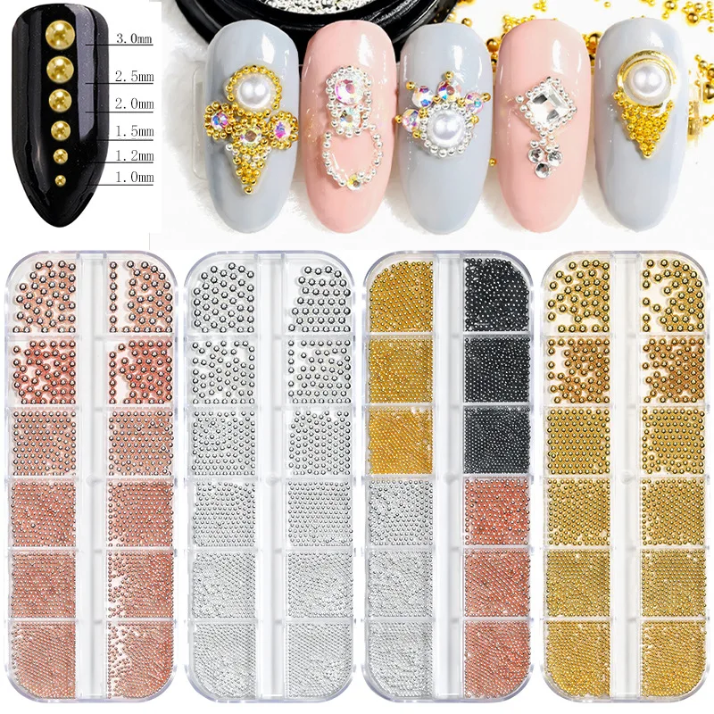 

12 Grids 6 Size Stainless Steel Caviar Bead Nail Art Decorations Gold Silver Black Nail Jewelry Manicure DIY Nail Art Decoration