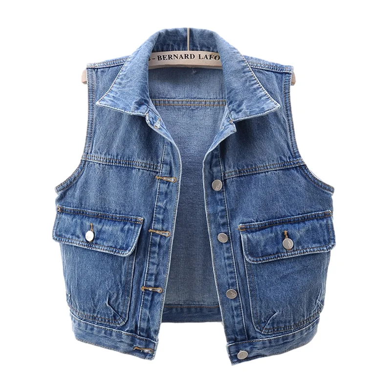 

Spring Summer Vintage Blue Big Pocket Denim Vest Women Waistcoat Loose Short Cowboy Sleeveless Jacket Casual Jeans Vests Female