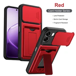 Multi - Function Phone Case with Slide Lens Protector, Card Slot & Invisible Kickstand - Armor Wallet Cover for OPPO F31 (Red)