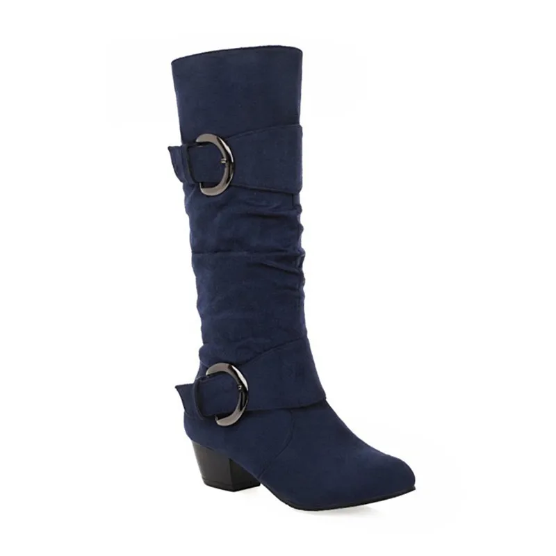 Women High Heel Boots Lady Buckle Wedges Heels Knee Boots Round Toe Flock Sewing Boots
