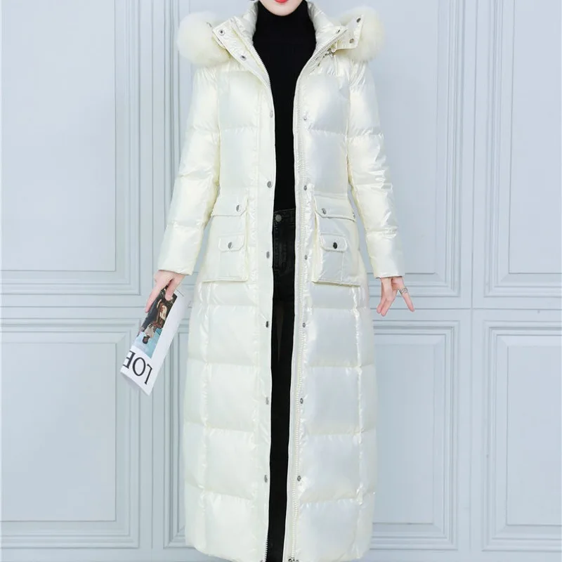 2023 New Women Down Jacket Winter Coat Female Mid Length Version Parkas Thick Warm Slim Fit Outwear Hooded Fur Collar Overcoat