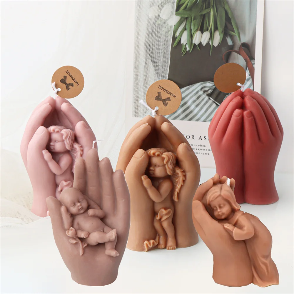 Luxury Palm Angels Girl Sleep Silicone Candle Mold Angel In Mother'S Hand Home Villa Decor Babys In God Palm Sculpture Mold