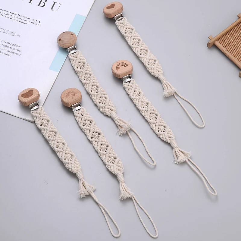 Baby Wooden Dummy Pacifier Clip Hand Braided Cotton Cloth Baby Pacifier Chain Safety Soft Girl Boy Eco-friendly Holder Chain Pacifier Clip Pacifier Chain Pacifier Accessories Teether Clip