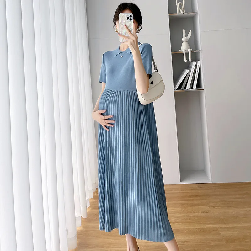

Summer Long Dresses Short Sleeve Fashion Maternity Dress Patchwork Pleat Large Size Loose Clothes for Pregnant Women Pregnancy