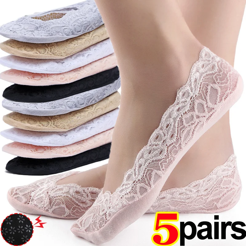 5Pairs Women Lace Invisible Ankle Socks Non-slip Silicone Korean Female  Socks