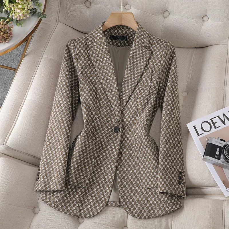 Large Size New Arrival Autumn Winter Ladies Casual Blazer Coat Women Black Coffee Plaid Long Sleeve Single Button Slim Jacket