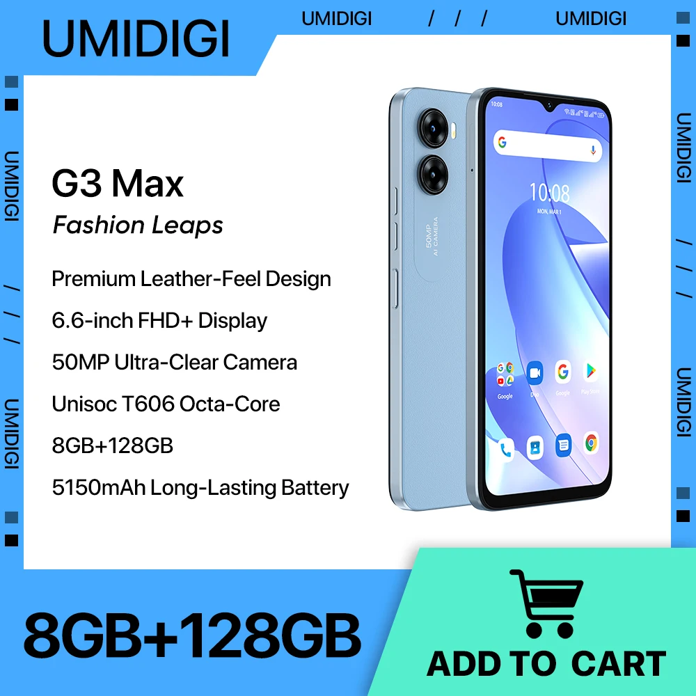 UMIDIGI G3 MAX Smartphone, Android 13 ,Unisoc T606, 8GB+128GB, 50MP Camera, 5150mAh Battery, Dual SIM 4G Phone