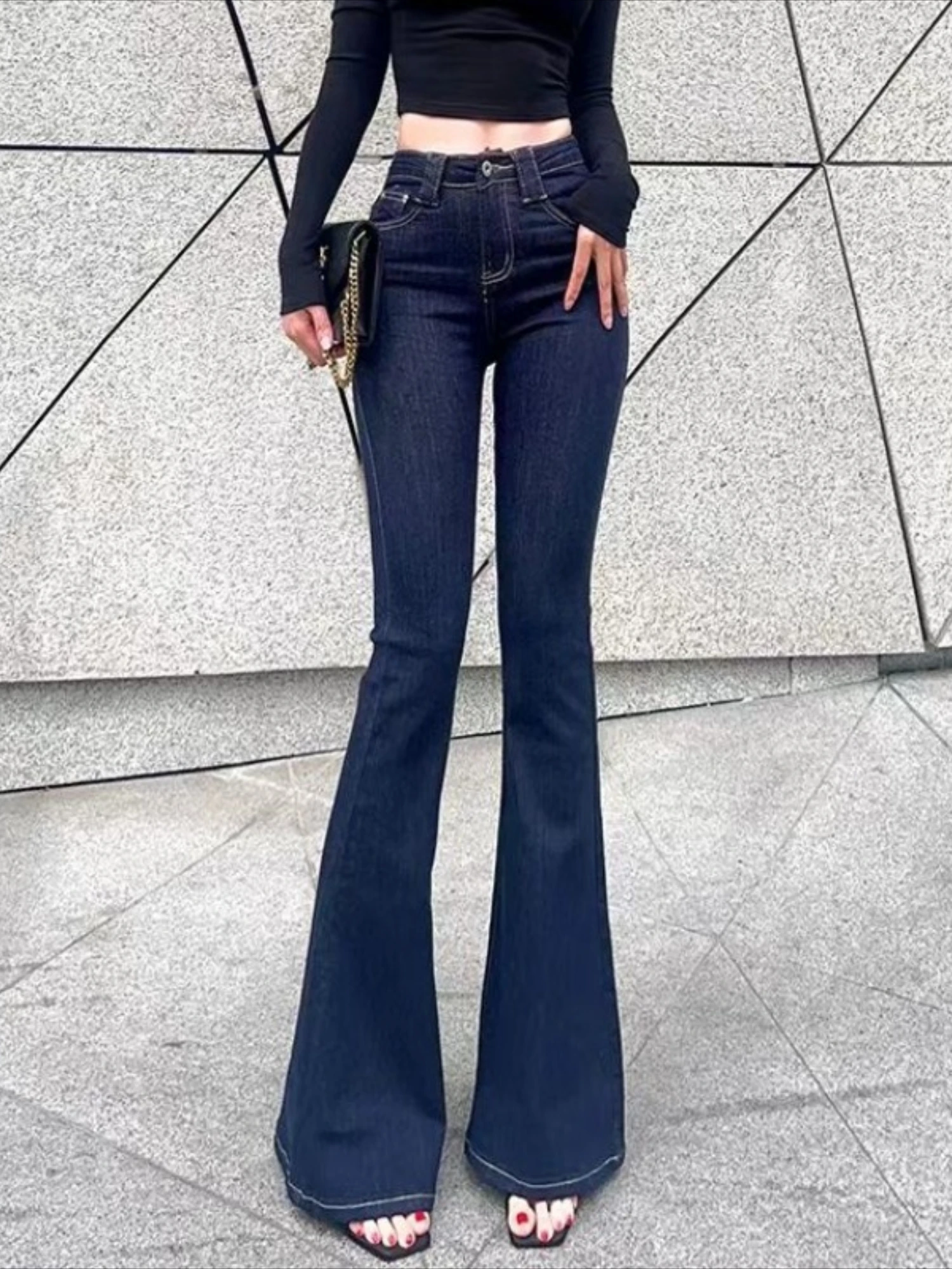 Blue Flare Trousers High Waist Shot Women's Bell Bottom Jeans