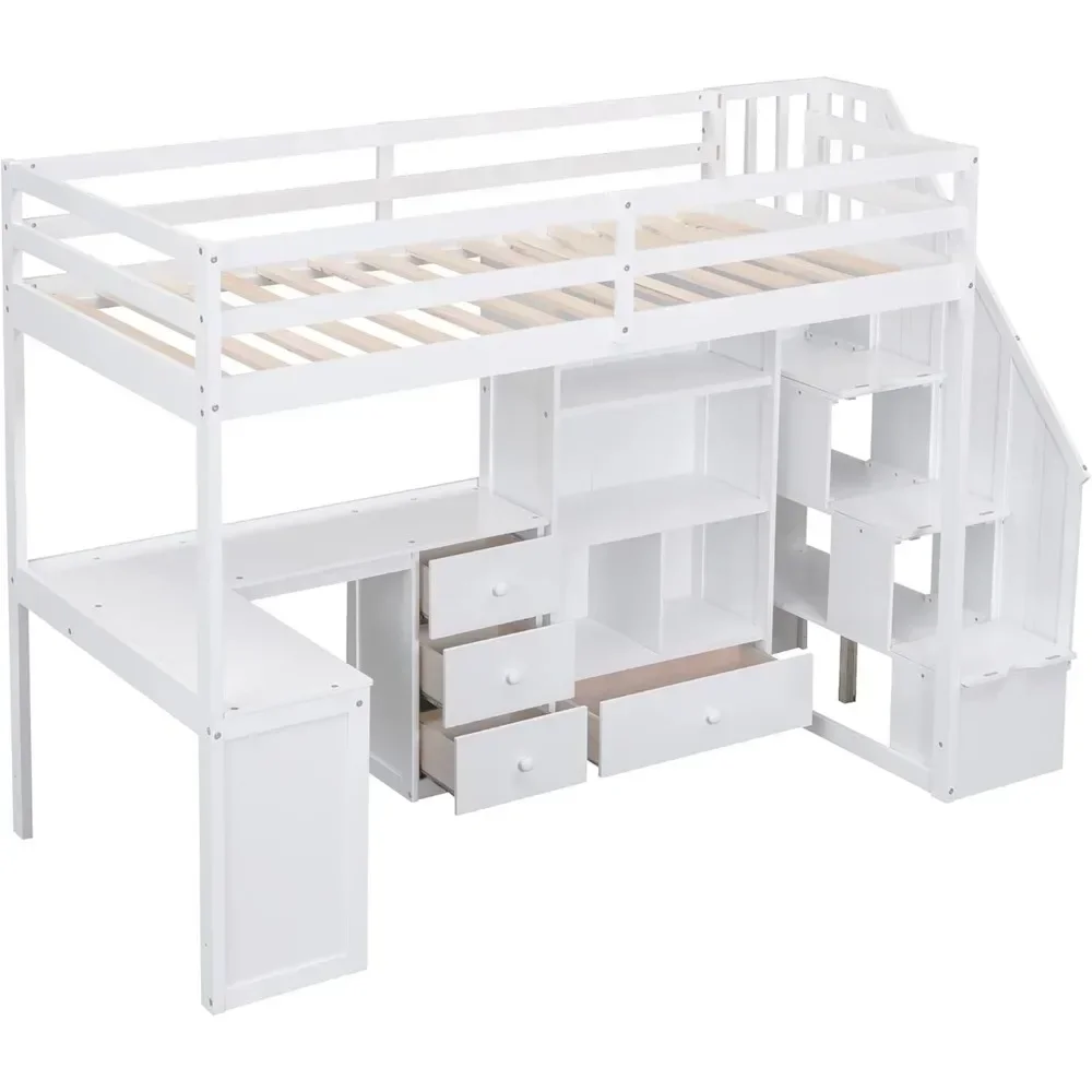 Bunk Beds Twin Loft Bed, Stairs and L-Shaped Desk, Solid Wood Loft Bed Frame with Bookcase and Storage Drawers, Loft Bed 5