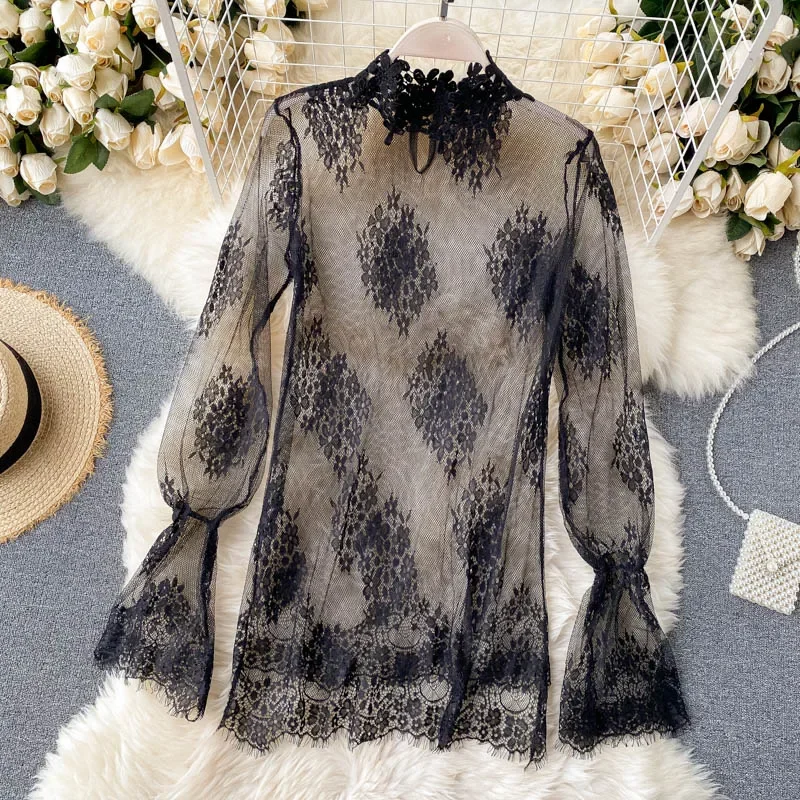 Autumn Elegant Long Sleeve Mesh Lace Shirt + Tube Top Double Breasted Slim Jumpsuit Two-Piece Rompers Sexy Bodysuit Black Woman