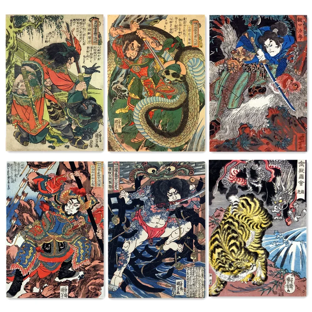 

Тату-постер «Самурай» укийое с водными краями, настенное искусство, винтажная матовая фотография, Ретро античное искусство, работа, домашний декор, F6