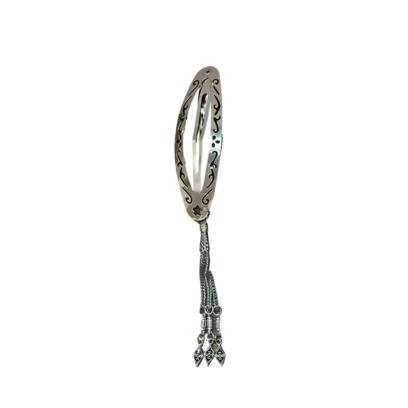 A52E Elegante ovale filigrane Haarspange mit baumelnden Quasten Vintage chinesisch inspirierte Designs Haarschmuck aus Legierung – Detail 7
