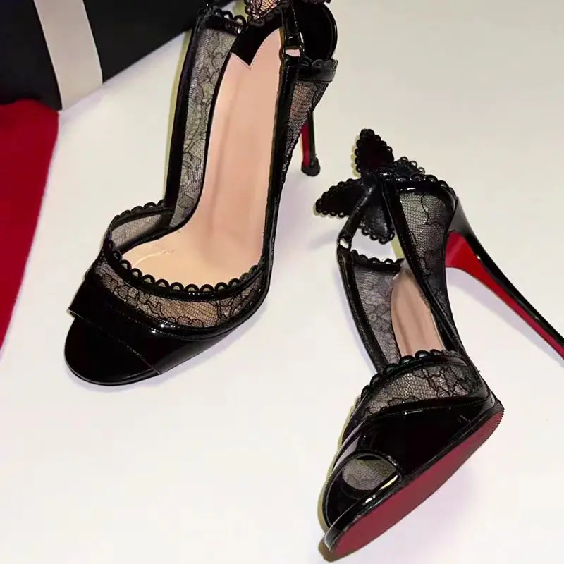 Women Sandals Sexy Lace Bowknot Thin High Heels Women Fish Mouth Elegant Designer Striptease Banquet Dress Shoes Fashion Brand Sandals Women women sandals women high heels
