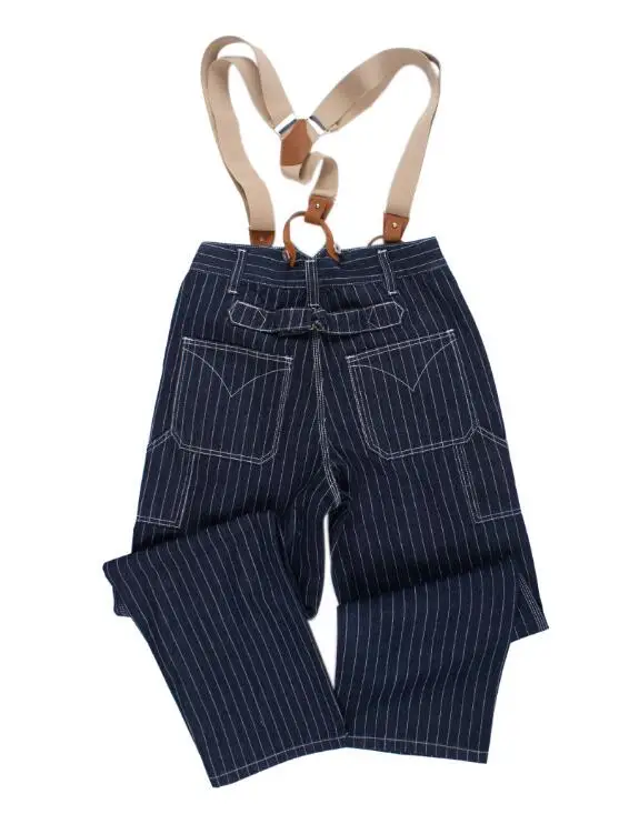 Men Striped Jeans Loose Railway Work Overalls Pants Strap Denim Pants Wide Leg Stripe Pants 6