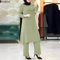 Chemisier arabe pour femmes musulmanes, ensembles assortis, survêtement élégant pour femmes, chemise unie décontractée + pantalon à jambes larges, costume, vêtements modestes 4