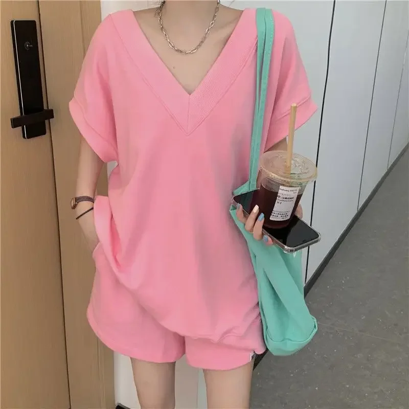 DAYIFUN-Pink Matching Sets for Women V-neck Top and Shorts Back Strap Loose Design Feel Suits Summer Clothing New 2024 2 Pcs Set