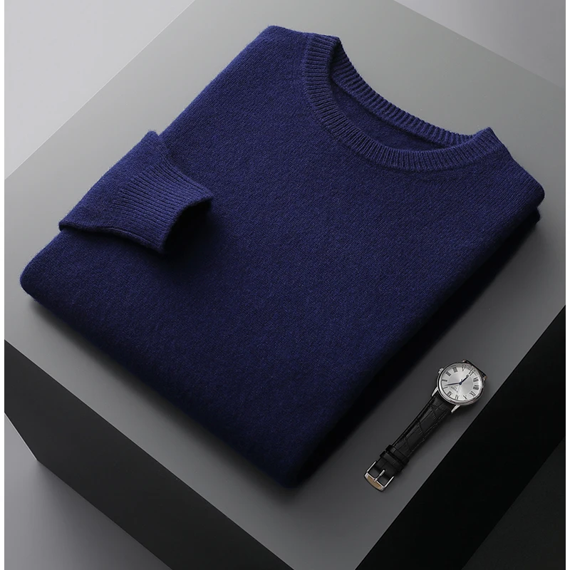 Men's 100% pure wool autumn and winter round neck loose warm sweater solid color fashion full knit bottoming shirt.