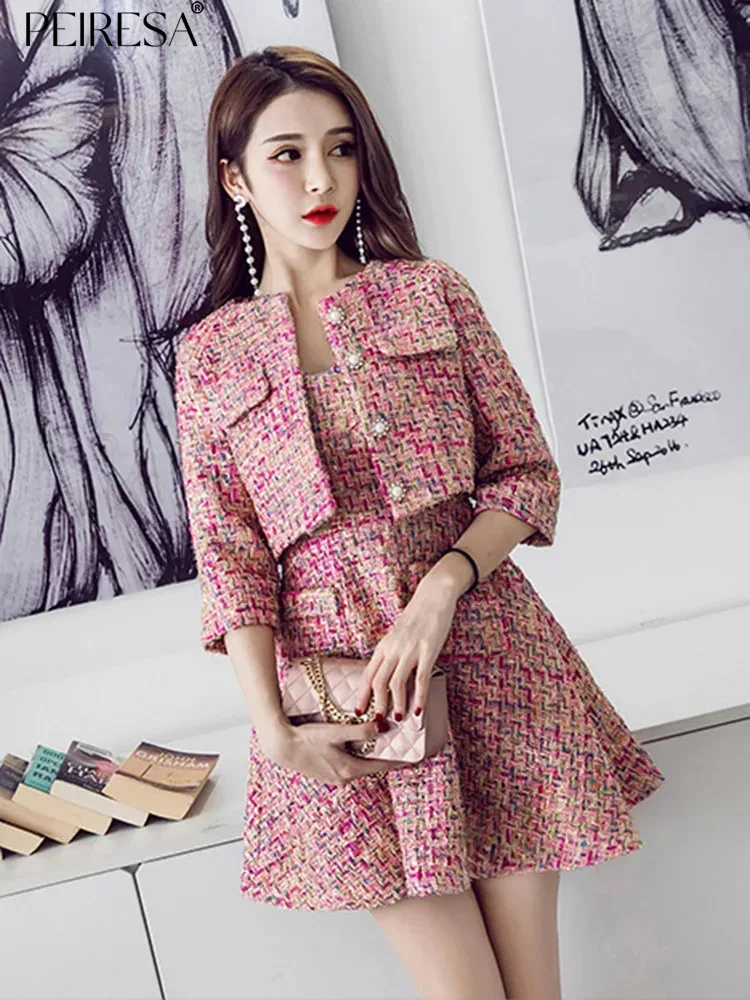 

PEIRESA 2023 Autumn Winter New Woolen Tweed Dresses 2 Piece Sets Women Outfit V Neck Sleeveless Short Dress + Short Jacket Coat