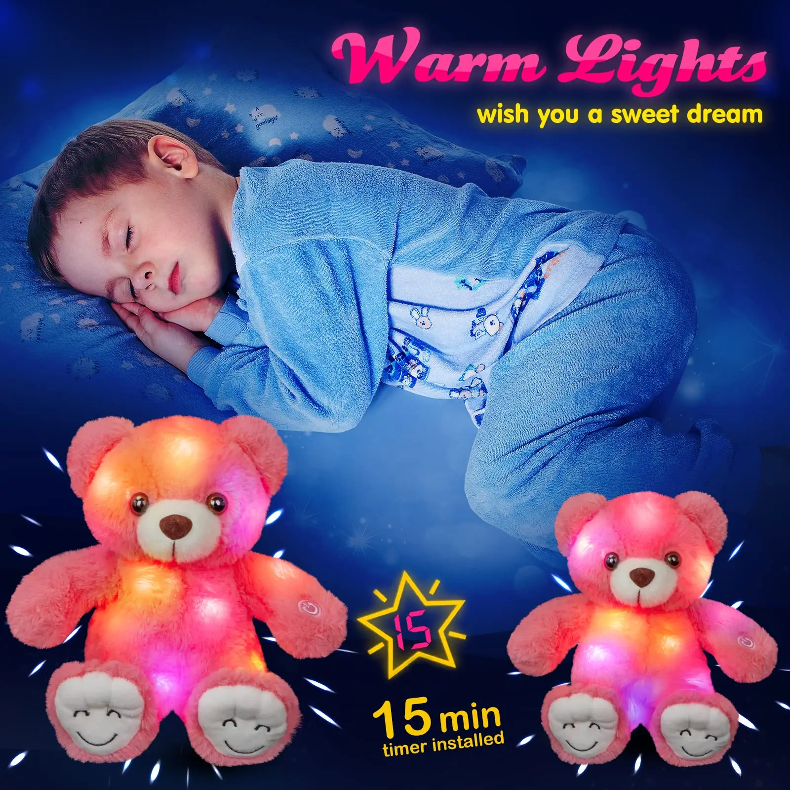 30cm Soft Luminous Bear Plush Toy White Pink Green Light-up Birthday Gift Cute Stuffed Animals for Girls Kids Glowing Toy