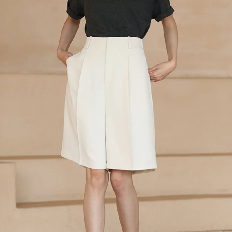 New Summer Women Elegant Fashion Straight Knee Length Short Pants Office Lady White Business Casual High Waist Loose Suit Shorts