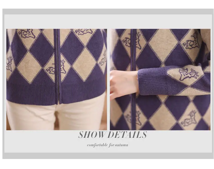 Women's Korean Vintage Plaid Sweaters Cardigan Autumn Winter Casual All-match Stand Collar Zipper Knitted Tops Female Clothing
