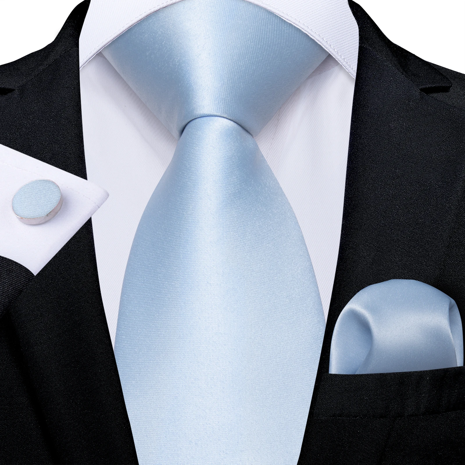 Light Blue Men's Paisley Floral Tie Set with Handkerchief and Cufflinks - Formal Wedding Party Accessories Gift