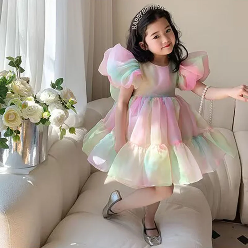 Spring Girls Dress Short Sleeve Rainbow Bowknot Princess Dresses for Girls Kids Dress Casual Children Clothing