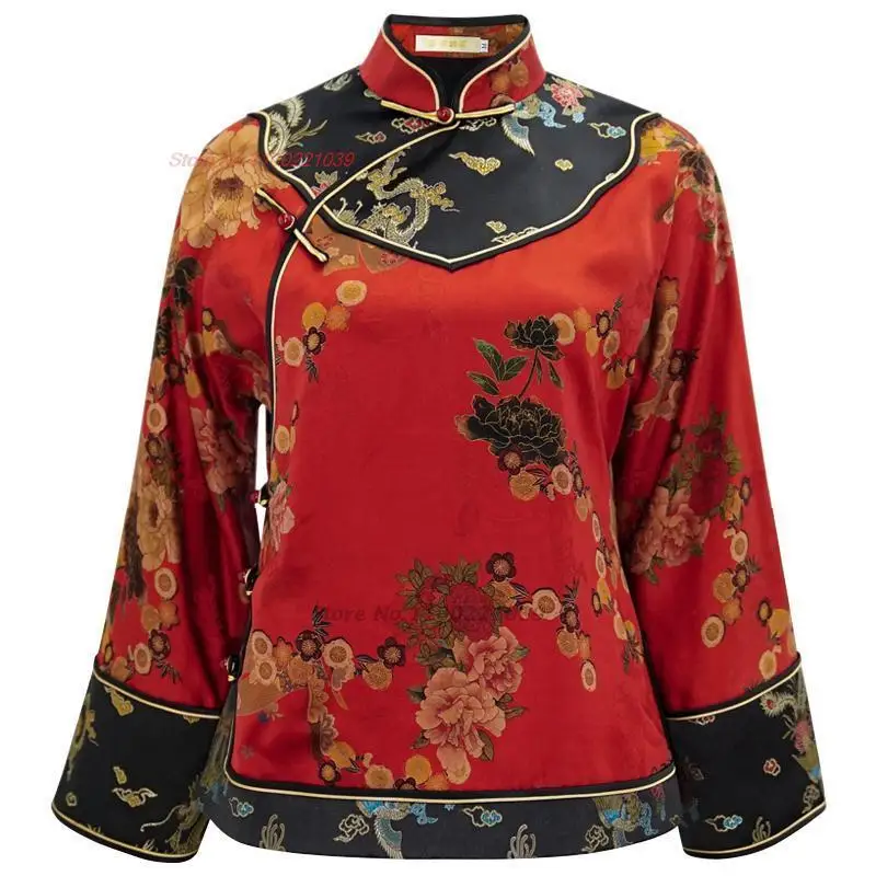chinese improved satin qipao blouse female ethnic shirt oriental flower print cheongsam tops tang suit retro blouse