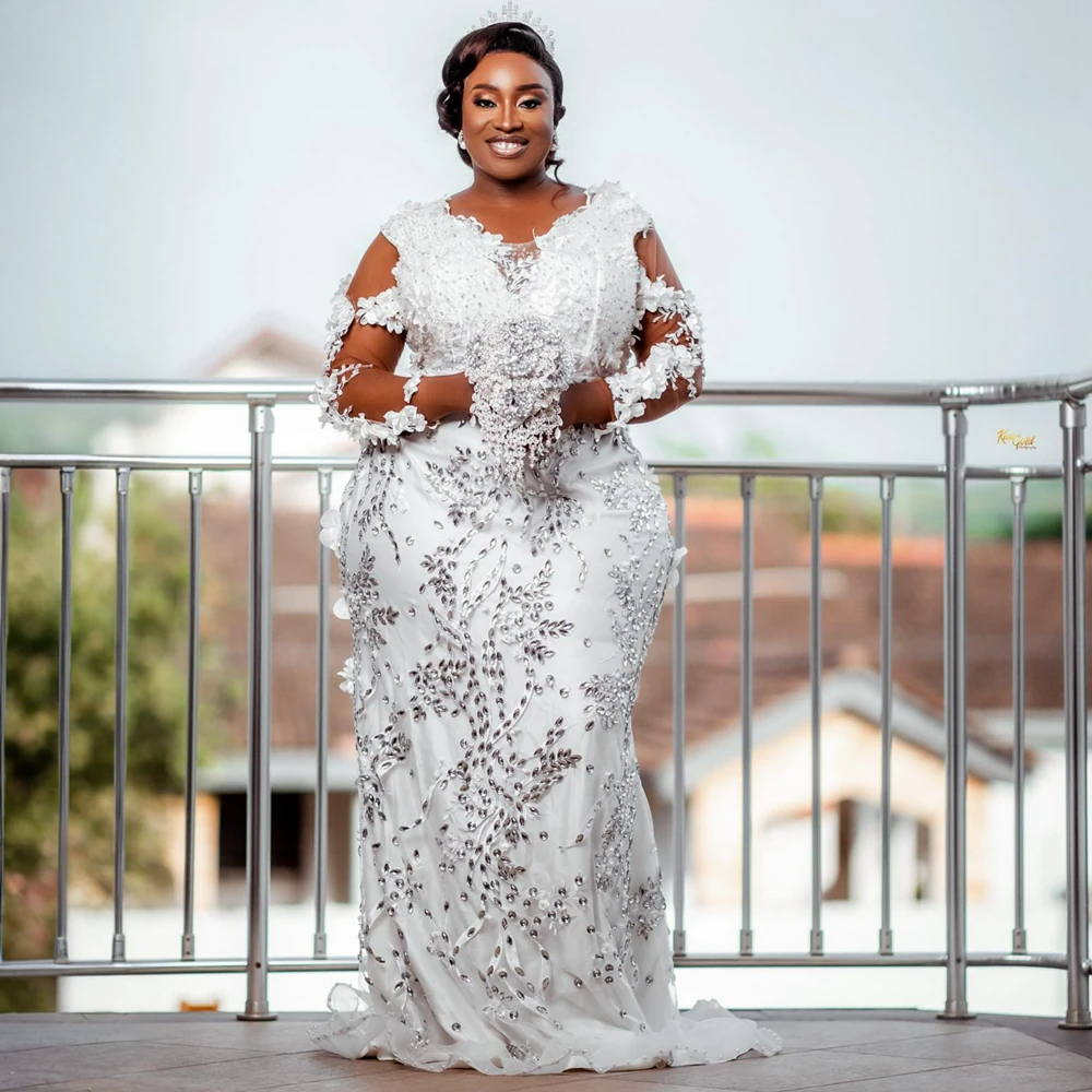 

Luxury V Neck Shinny Crystals 3D Flowers Wedding Dress for Bride Vestidos De Novia 2024 Long Sleeves Plus Size Bridal Gown