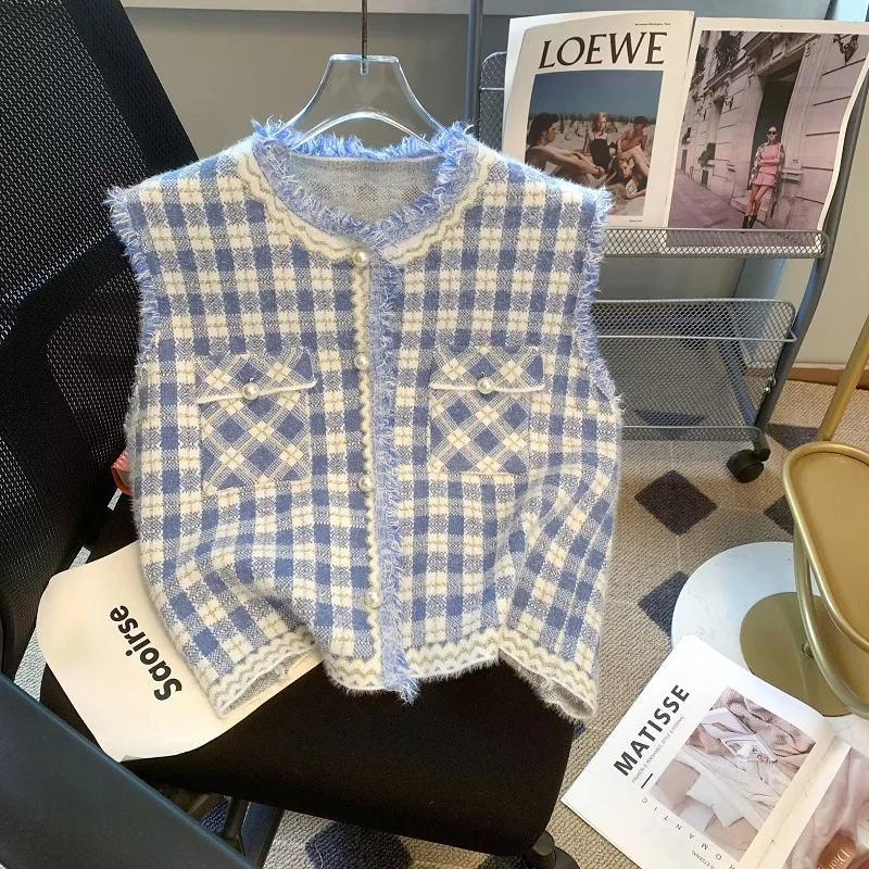 

Осенне-зимняя Очаровательная клетчатая искусственная куртка с жемчужной пряжкой карманами кисточками сращенный жилет для девушек