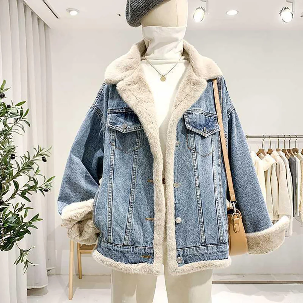 

Fashion Velvet Fur Denim Jackets for Women Autumn Winter Casual Thick Warm Single-breasted Jean Coats 2023 New Female Outerwear
