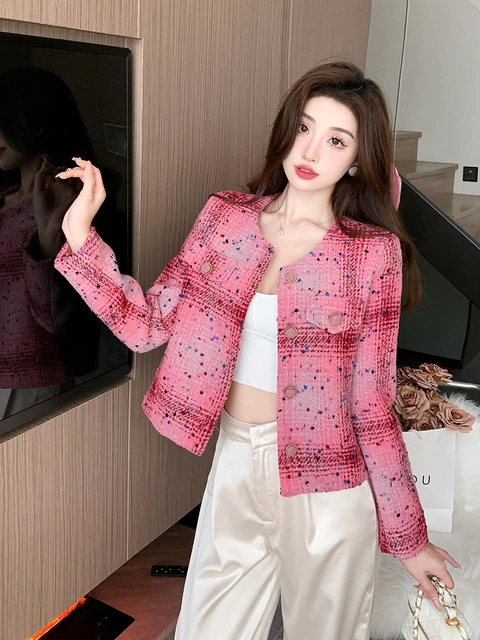 Autumn Winter Woman Jacket Vintage Luxury Pink Tweed Coat Female Elegant  Ladies Single-breasted O Neck Outwear Tops - Jackets - AliExpress