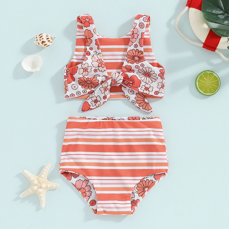 Kids Girl Two Piece Swimsuits Summer Striped/Floral Print Knotted Tankini and Elastic Shorts Set Bikini Bathing Suits