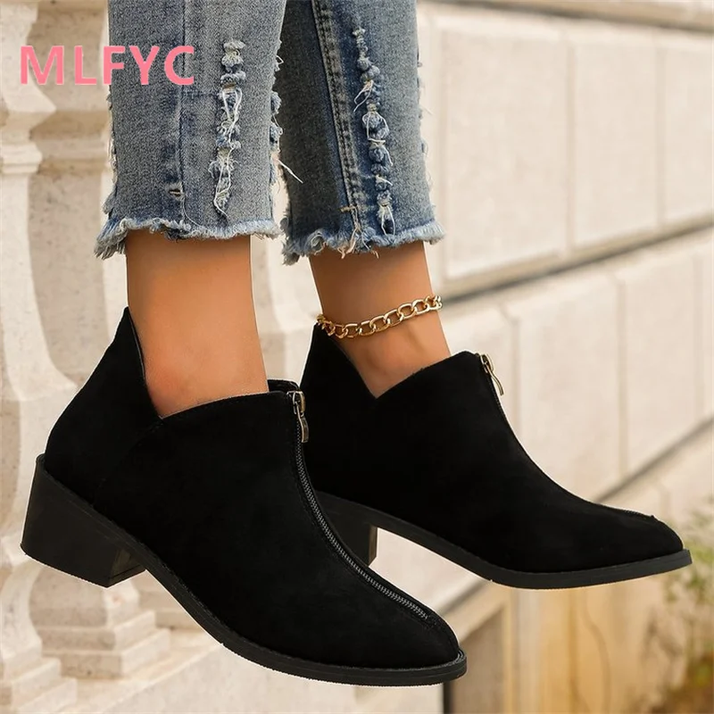 Autumn/Winter New Foreign Trade Women's Single Boot Large Leopard Print Front Zipper Square Heel Short Boots for Women