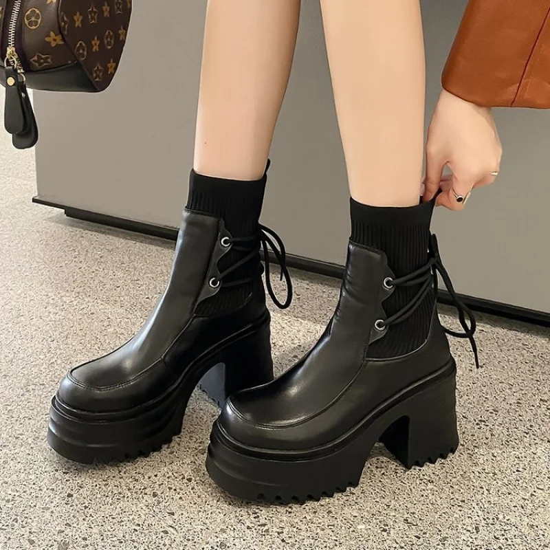 2023 New Lace Up Super Thick High Heels Dress Shoes Women Boots Genuine Leather Platform Ankle Boots Women's boots 35-39