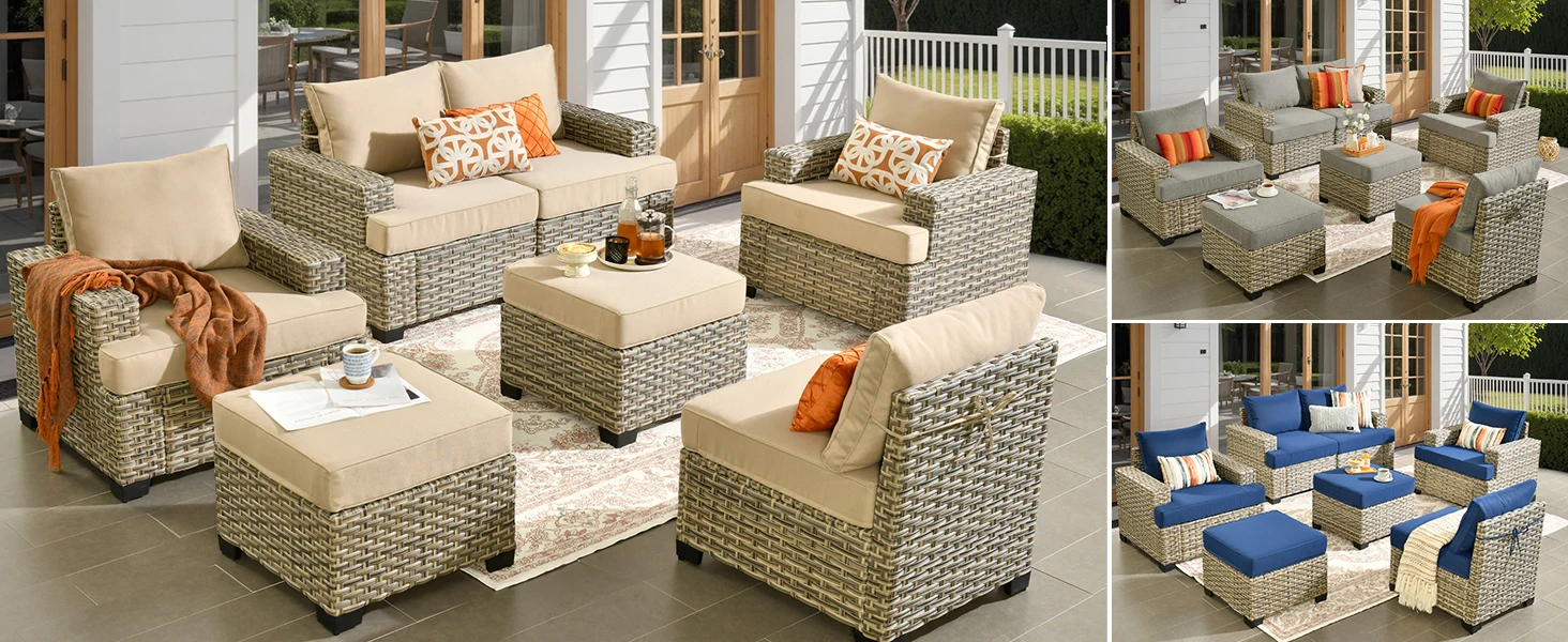 7 pcs outdoor sectional with ottoman beige