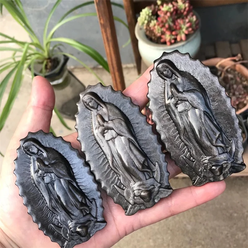 Natural Silver Obsidian Crystal Carved Madonna Figure Decorative Sculpture Souvenirs Saintess Exotic Stone Statues 1pcs