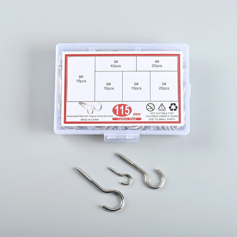 Nickel-plated Metal Self-Tapping Ceiling Eye Hooks Light hook hook screw open sheep eye five types 115pcs combination set