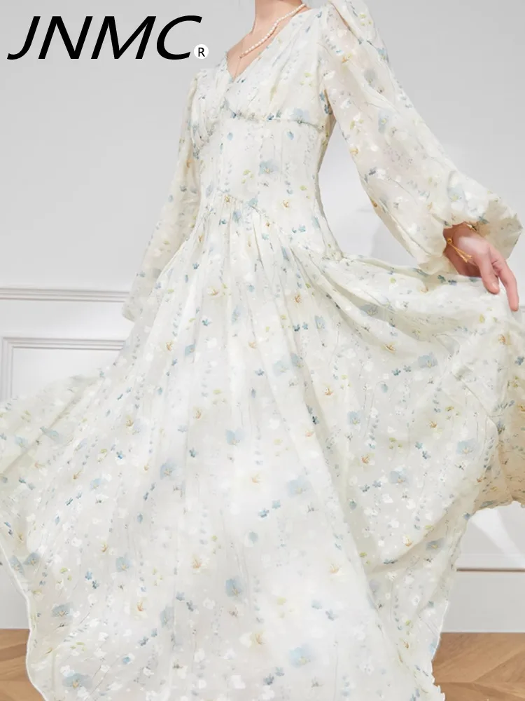 

JNMC Women's French Elegant Floral Dress Chiffon Summer Long Sleeve Temperament Waist Fairy Wind A-line Skirt 2024 NEW