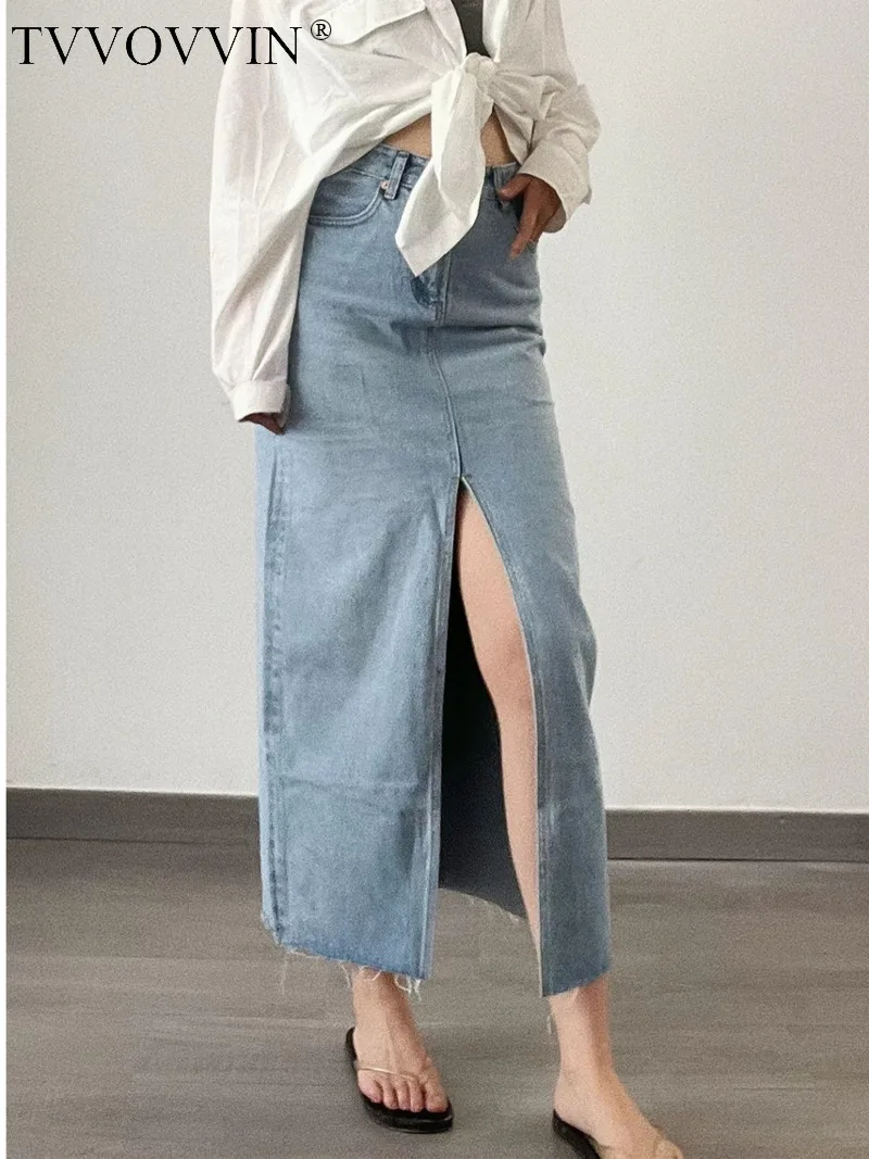

TVVOVVIN 2023 Summer New Women's Retro American Front Split back pocket Fashion High Street Style Casual Denim Skirt DDWO