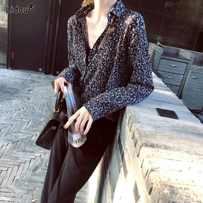 Casual Printing Dot Pattern Button Turn-down Collar Straight Bottoming Blouses Loose Spring Summer Thin Women's Clothing 2022