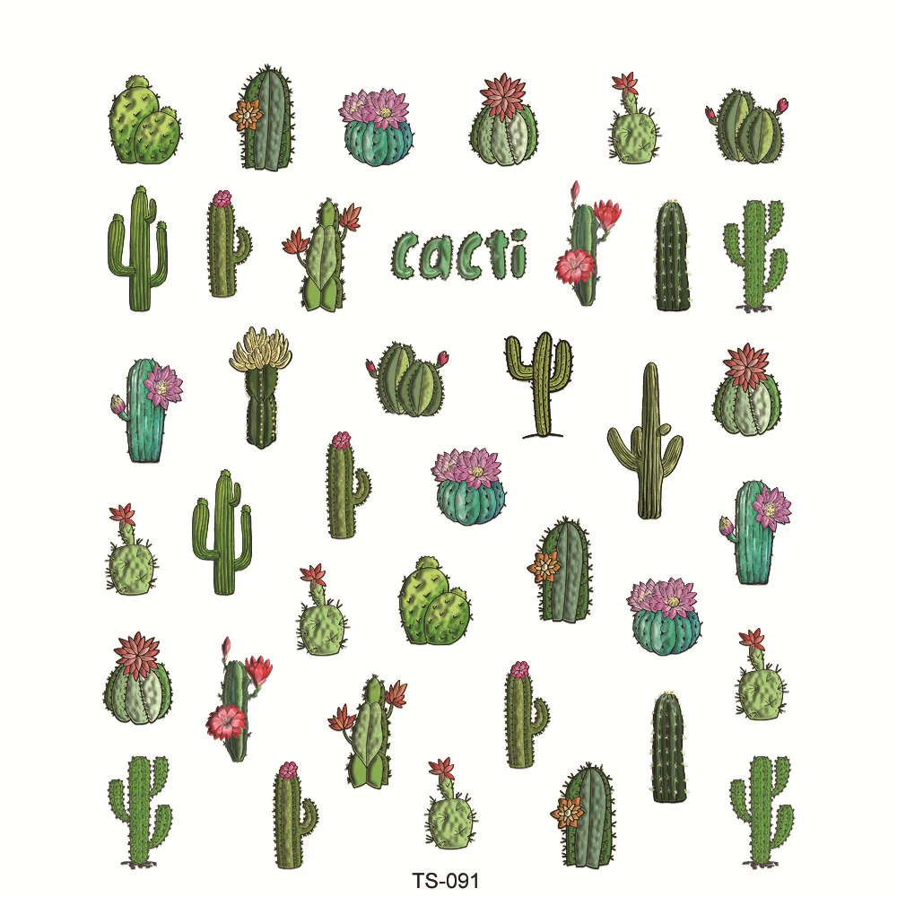 Green Colored Vivid Cactus Succulents Plants Series 3D Self Adhesive Nail Art Decoration Sticker DIY Manicure Decals Woman