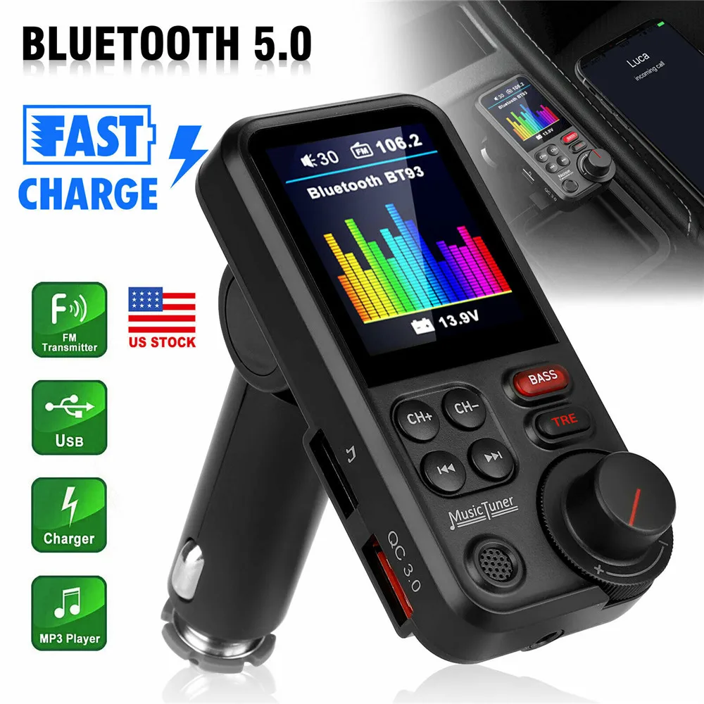 

Car Bluetooth 5.0 Fm Transmitter 12v-24v Qc 3.0 Fast 2 Usb Charger Mp3 Player Radio Aux Adapter Car Accessorie