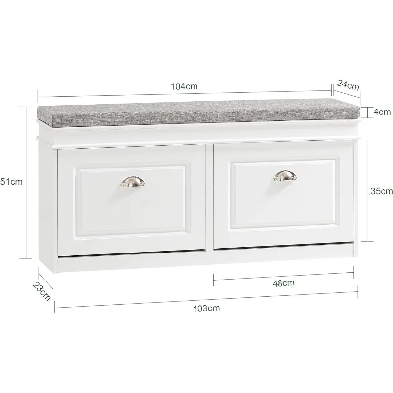 

Haotian FSR64-W, White Storage Bench with Drawers & Padded Seat Cushion, Hallway Bench Shoe Cabinet Shoe Bench Storage Benches