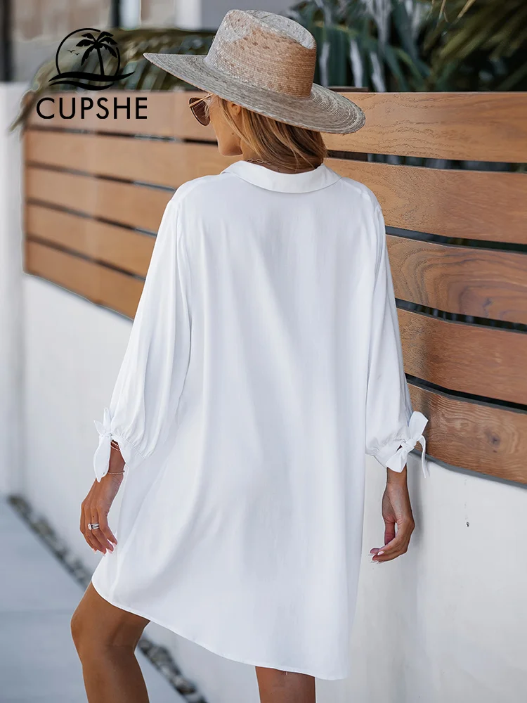 Swimsuit Cover Up Women White Stripe Long Sleeve Bikini Cover Up Shirt Beach Dress Tunic Shirtdress Summer Mini Dress