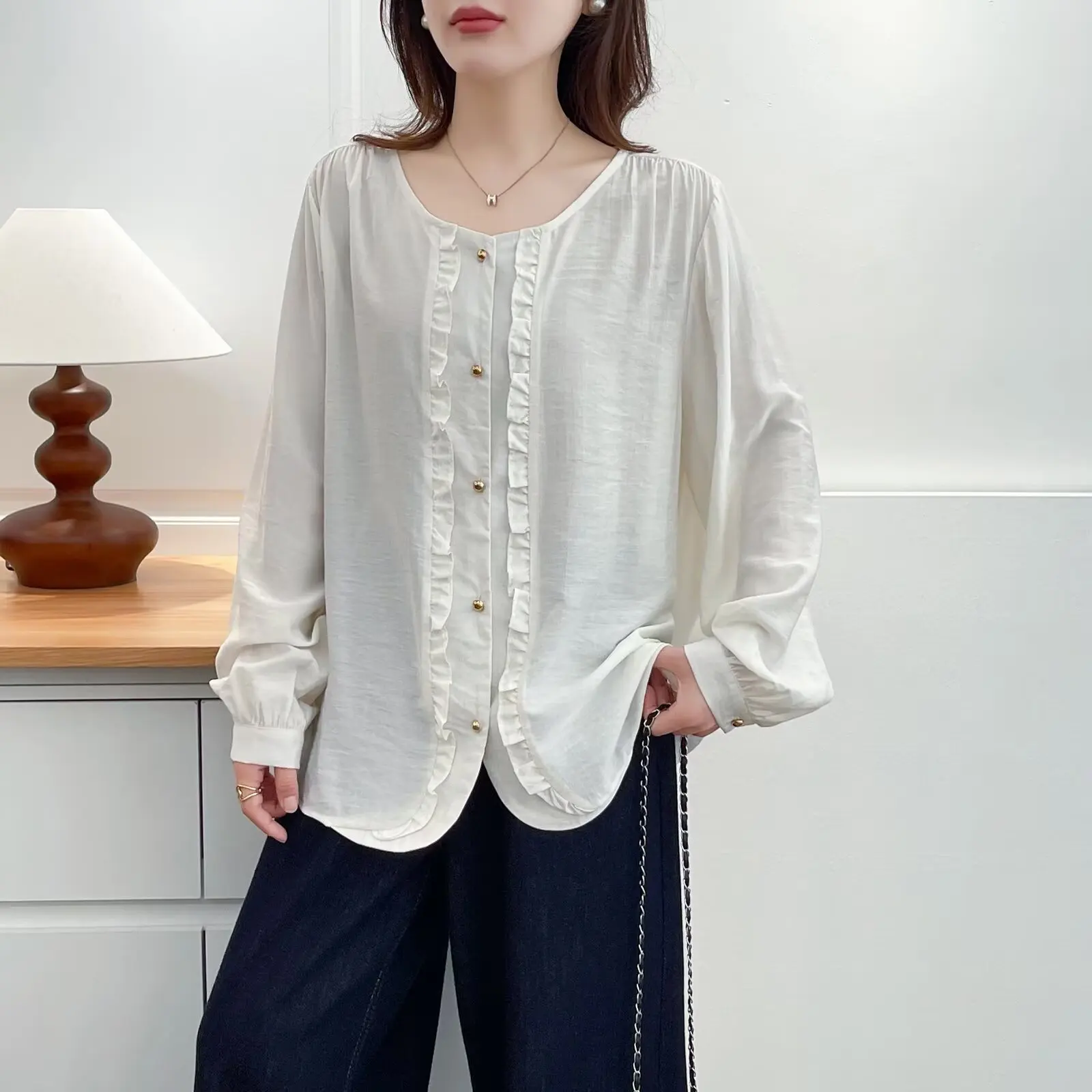 XXXXL Fashion Plus Size Women's Blouses Autumn Style Ruffled Long Sleeved Shirt 815