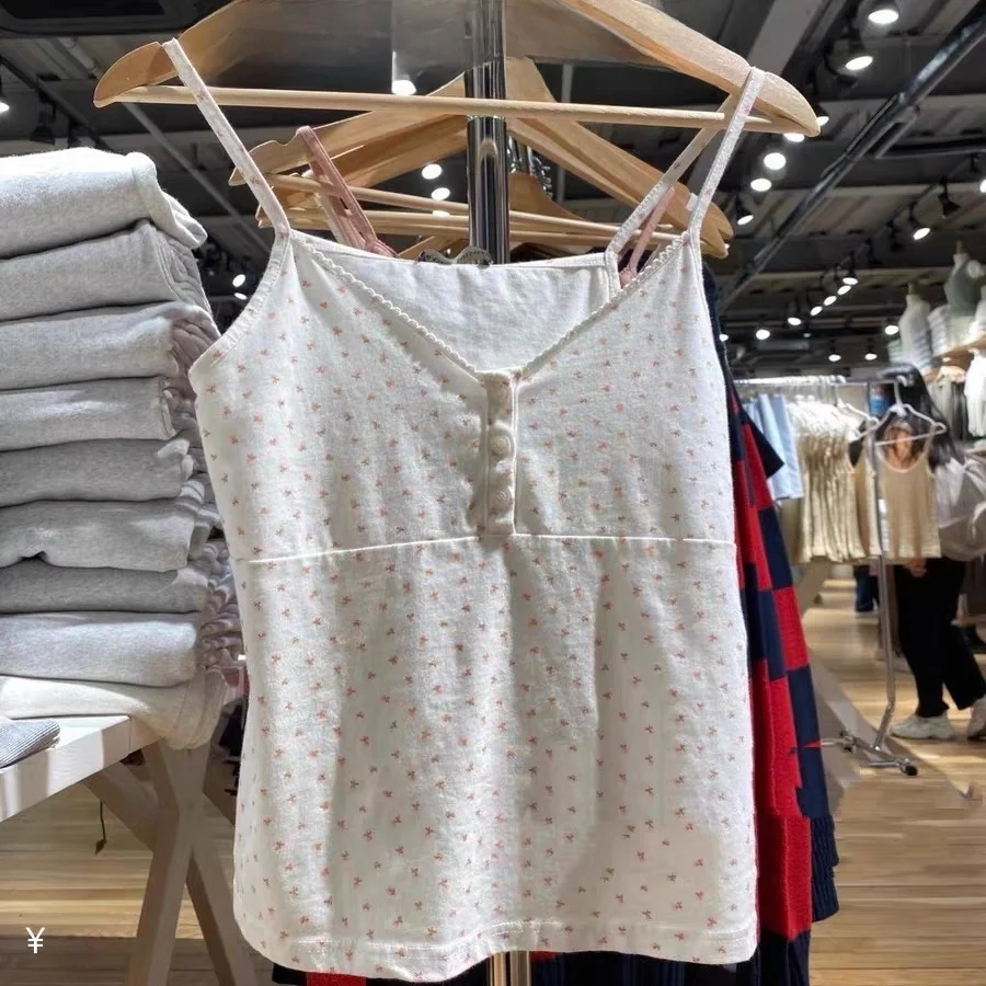 BM Sle Tee-Button Floral Trim V-Ne Vest Inner Wear Tank Top ort Length Slim Fit Cotton 00% Women's Summer Faion