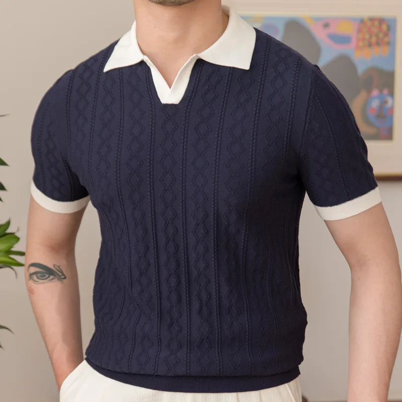 Summer Contrasting Jacquard Men's Polo Comfortable Breathable Knitted Ice Silk British High Quality Short Sleeve Polo Shirt