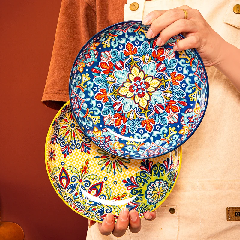 7/8inch Bohemian Ceramic Underglaze Colour Plate High Appearance Level Home Creative Dish Plate Fruit Steak Round